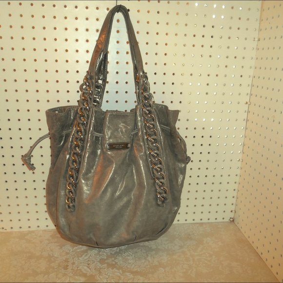 MICHAELS KORS ID CHAIN LEATHER SILVER LG HANDBAG - Picture 1 of 7